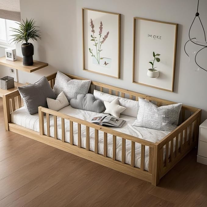 PVWIIK Twin Size Montessori Toddler Floor Bed with Wood Slats for Girls and Boys, Wood Montessori Bed Frame with Safety Guardrails, No Box Spring Needed, Natural PVWIIK
