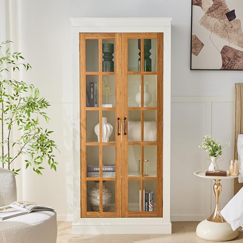 PAXIPEX 71" Rustic Farmhouse Display Cabinet, Display Case with Lattice Glass Doors, Curio Cabinet with Adjustable Shelves for Home Living Room Office, Brown,Cream White PAXIPEX