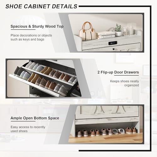 VFF Deodorizing Storage 2 Flip Drawers, LED Touchscreen Freestanding Organizer with Wooden Leg, Narrow Shoe Rack Cabinet for Hallway, Bedroom and Entryway, 31.5 x 9.5 x 41.57 inches, Rustic White VFF