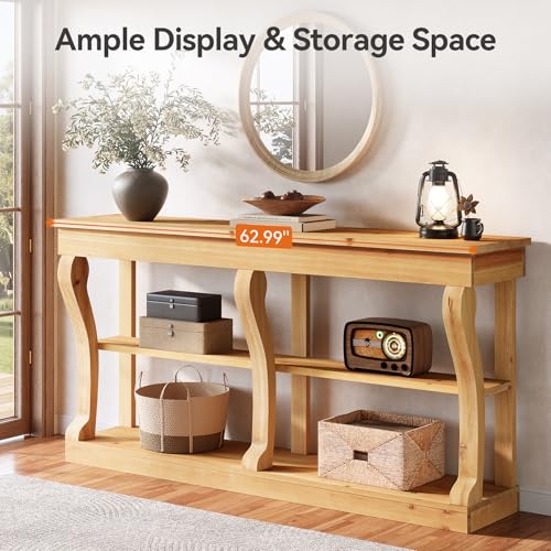TRIBEWOOD Solid Wood Console Table for Entryway, 63-Inch 3-Tier Sofa Table Behind The Couch with Storage, Farmhouse Entryway Furniture for Living Room, Foyer, Hallway, Natural Wood TRIBEWOOD