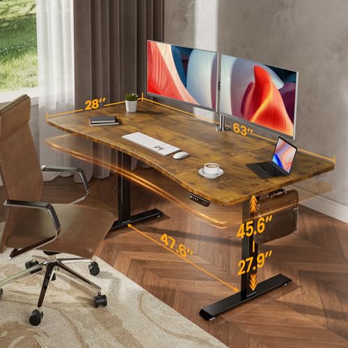 Veken 63 x 28 Inch Electric Standing Desk, Sit to Stand Up, Work Home Office Computer Table for Study, Walking Pad, Writing, and Games, Wooden Desktop Desks, Brown Veken