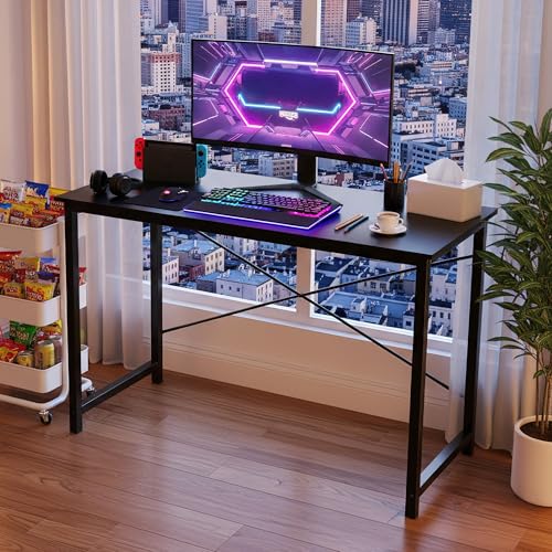 OLIXIS 47 Inch Computer Office Desk for Small Spaces, Writing Gaming Work Desk Modern Study Table with Storage Bag & Headphone Hook Home Bedroom, Black OLIXIS