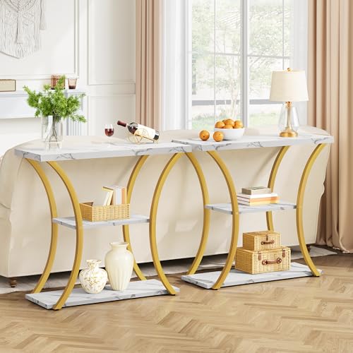 Hoctieon 3 Tier Console Table with Open Wood Shelves, Decorative Entryway Table with Curved Metal Frames, Narrow Sofa Table for Entrance, Living Room, Hallway, Gold and White Marbled Hoctieon
