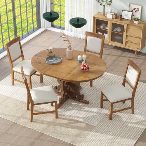 Merax Round Dining Table Set for 4, 5-Piece Extendable Kitchen Table Set with 4 Upholstered Chairs, Farmhouse Dining Table and Chairs Set for Kitchen, Dining Room, Living Room, Walnut Merax
