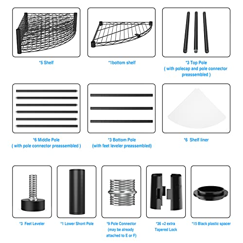 NSF 6-Tier Metal Corner Shelf Wire Shelving Unit - 420 lbs Capacity, Adjustable, with leveling feet & Waterproof Shelf Liners - Ideal for Garage, Kitchen, and More - 72" H x 18" L x 18" D - Black pouseayar