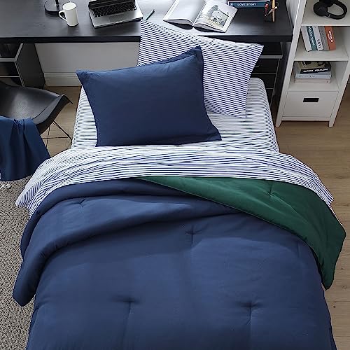 Nautica - Full Bonus Bed Set, Reversible & Ultra-Soft Brushed Comforter with Lightweight Feel, 7 Piece Bedding with Matching Bed Sheets, Pillowcases, & Tote Bag (Captain's Blue/Green) Nautica