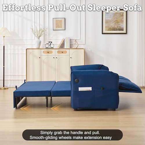 Hatppto 63" Velvet Pull Out Sofa Bed, 3-in-1 Convertible Futon Loveseat Queen Sleeper Sofa Couch Bed with Adjustable Backrest, USB Ports & Side Pockets, Modern Sofas for Living Room, Apartment, Blue Hatppto