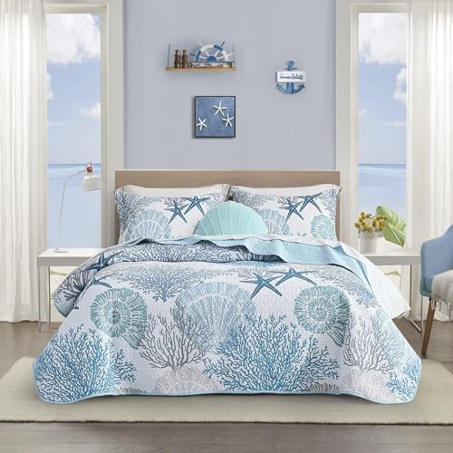 Tritard 3 Piece Coastal Quilt Sets King Size - Reversible Microfiber Quilts with 2 Shams Soft Lightweight Beach Bedding Nautical Bedspread Coverlet Summer Comforter Set for All Season, 106''x96'' Tritard