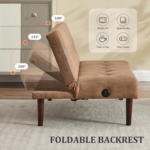 Anwick Convertible Futon Sofa Bed with Charging Port, 45″ Folding Sleeper Sofa, Adjustable Backrest, Small Couch for Living Room Small Spaces Or Office, Modern Loveseat (Coffee) Anwick