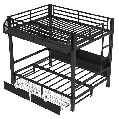 Bellemave Full Over Full Bunk Beds with Storage Shelves & Drawers, Metal Bunk Bed Full Over Full with Charging Station & LED Lights, Space Saving Bed Frame Convertible to Sofa Design, Black Bellemave