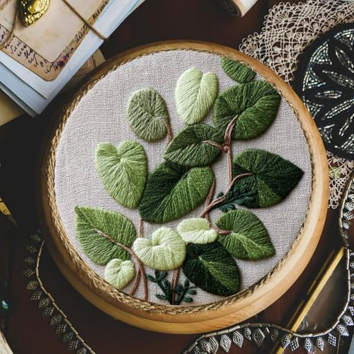 FONNUY Green Plants Embroidery Kit, Cross Stitch Kits for Beginners, Handmade Crafts with Printed Patterns for Beginner Adults, Easy to Follow Color Thread Needlework, 8'' Hoop (Luxuriant)