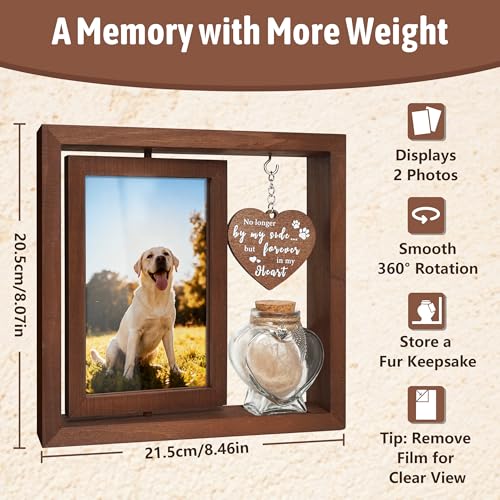 Dog Memorial Gifts for Loss of Pet - Rotating Wooden Frame for 4x6 Photo & Fur Hair Jar - Sympathy Gift for Pet Bereavement, Remembrance Keepsake - Rainbow Bridge Gift for Dog Lovers & Cat Lovers