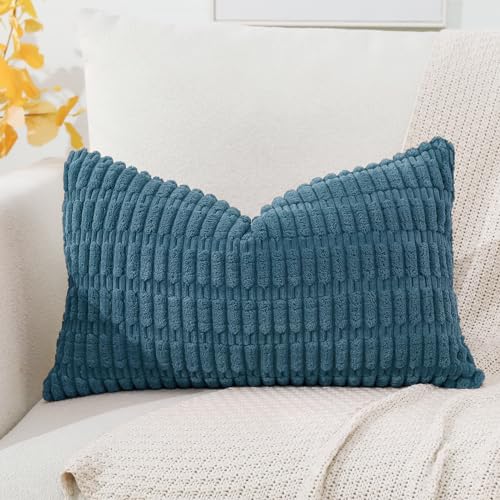 OTOSTAR Corduroy Decorative Throw Pillow Covers 16x24 Inch Super Soft Boho Striped Rectangle Pillow Covers Case Modern Cushion Covers for Sofa Couch Bedroom Car Decor Teal OTOSTAR