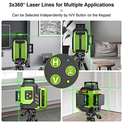 Huepar 3x360°Laser Level with 2 Li-ion Batteries 3D Outdoor Green Cross Line Self Leveling for Construction/Picture Hanging Hard Case,Magnetic Huepar