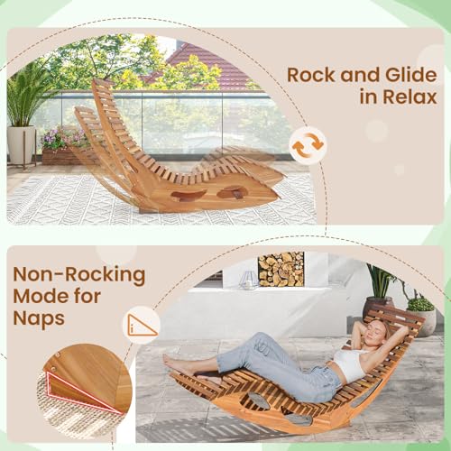 HAPPYGRILL Outdoor Acacia Wood Chaise Lounge, Rocking Chair with High Back, Slatted Seat, Stopper, Outside Wood Rocker, 350 Lbs Capacity Sun Lounger