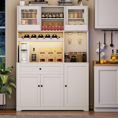 Gyfimoie 71" Pantry Cabinet with LED Light & Outlet, Kitchen Hutch Storage Cabinet with 6 Adjustable Shelves and 3 Hanging Rack Shelves,Food Pantry for Kitchen, Dining Room or Living Room, White Gyfimoie