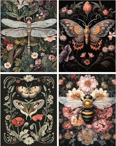 4 Pack Stamped Cross Stitch Kits for Adults - Cross Stitch Kits for Beginners,11 CT Insect Flowers Cross Stitch Patterns Dimensions DIY Counted Cross Stitch Kits for Adults Arts Craft 12x16 inch
