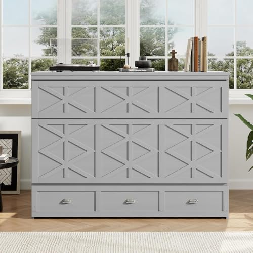 Virubi Queen Farmhouse Murphy Bed with Storage Drawer and Charging Station,Wood Folding Hidden Murphy Chest Bed Cabinet for Adults,Space Saving (Gray)