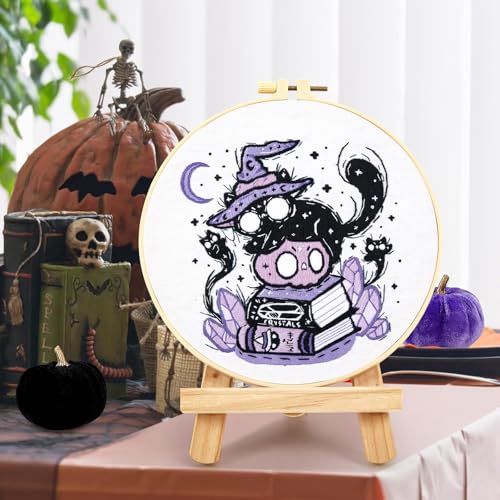 Crafmanoe Halloween Embroidery Kit for Beginners Adults, Skull Cat Stamped Cross Stitch Kit for Adult Beginner, Gothic Ghost Hand Embroidery Needlepoint Kits, 3 Set Embroidery Hoops and Video Tutorial
