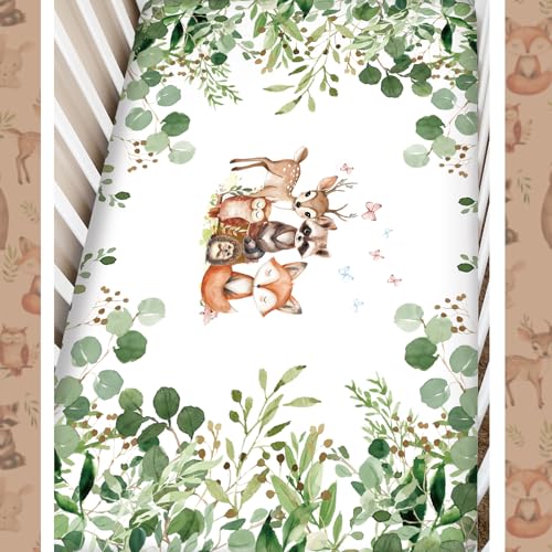 Hahafelt 3 Pcs Baby Crib Bedding Set Safari Animals Dinosaurs Bear Woodland Animals Jungle Crib Set Includes Quilt, Fitted Sheet, Skirt for Baby Boy Girl(Green,Woodland Raccoons Deer Etc.) Hahafelt