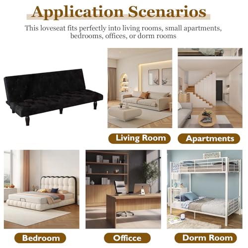 Anwick 3-in-1 Futon Sofa Bed, 66" Velvet Love Seat Sleeper Bed with Adjustable Backrest, Multifunctional Reclining Couch Sofas for Small Spaces, Living Room, Office, Guest Room (Black) Anwick