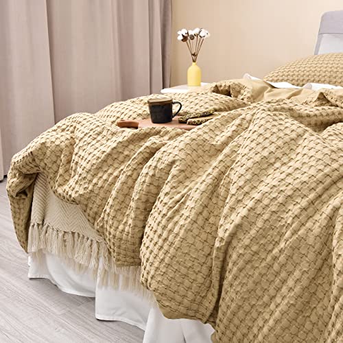 PHF 100% Cotton Waffle Duvet Cover Full, Ultra Soft Skin-Friendly Duvet Cover Set for All Season, Luxury Decorative Textured Comforter Cover with Pillow Shams Bedding Collection, 80"x90", Khaki PHF