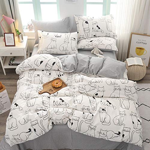 BlueBlue Cats Kids Duvet Cover Set Twin, 100% Cotton Bedding for Boys Girls Teens Single Bed, Cartoon Cats Pattern Print on White, 1 Animal Comforter Cover 2 Pillowcase (Twin, Cute Cat) BlueBlue