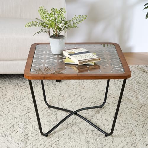 Christopher Knight Home Lyle Industrial Coffee Table with Geometric Glass Top, 23.6" Square Modern Accent End Sofa Side Table for Living Room, Black Finish with Rustic Wood Edge, Brown+Black Christopher Knight Home