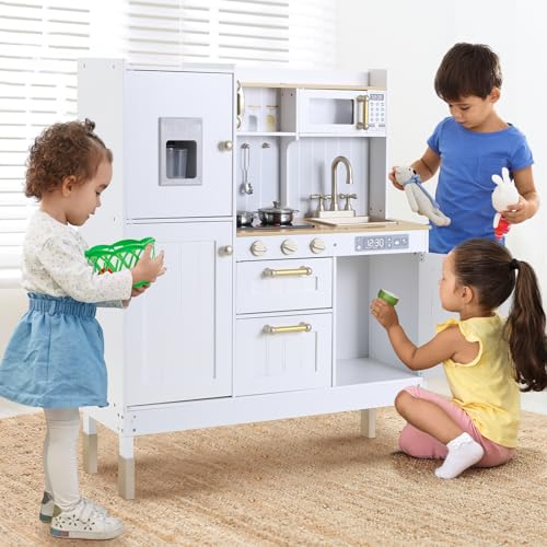 Arlopu Play Kitchen for Kids, Pretend Preschool Kitchen Sets, Wooden Cooking Playset w/Realistic Light & Sound, Telephone, Stove, Fridge, Microwave, Removable Sink, Water Dispenser (White) Arlopu