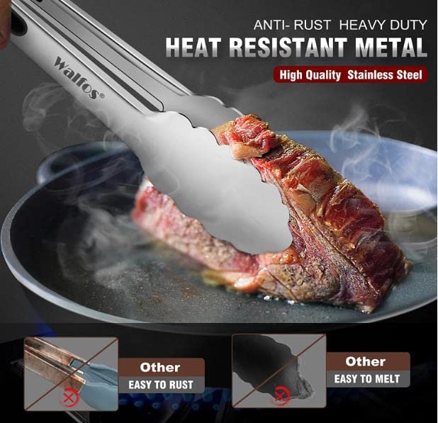 Food Grade Stainless Steel Kitchen Tongs for Cooking,BBQ - 7 ,9 and 12 Inch,Set of 3 Heavy Duty Locking Metal Food Tongs Non-Slip Grip Walfos