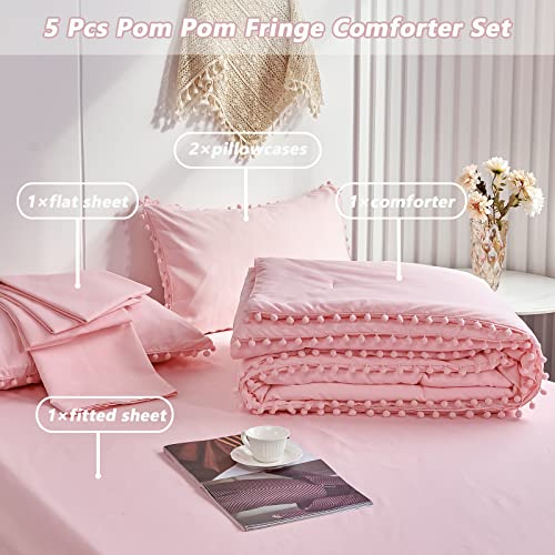 PERFEMET 5 Pcs Pink Pom Pom Comforter Twin Size Aesthetic Boho Pom Fringe Bedding Set with Sheet Ultra Soft Lightweight Farmhouse Bedding Quilt Set for Girls Kids(Pink, Twin) PERFEMET
