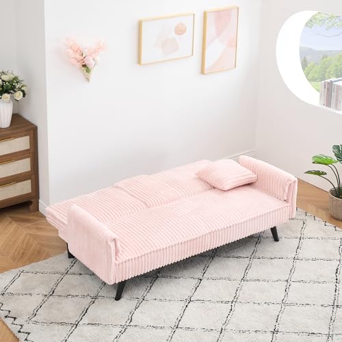72" Modern Corduroy Sofa Bed Futon,Convertible Sleeper Couch Bed with Cup Holder,4 Reclining Positions,Folding Sofa Cloud Loveseat for Small Living Room Apartment Office (Pink-New) Majnesvon