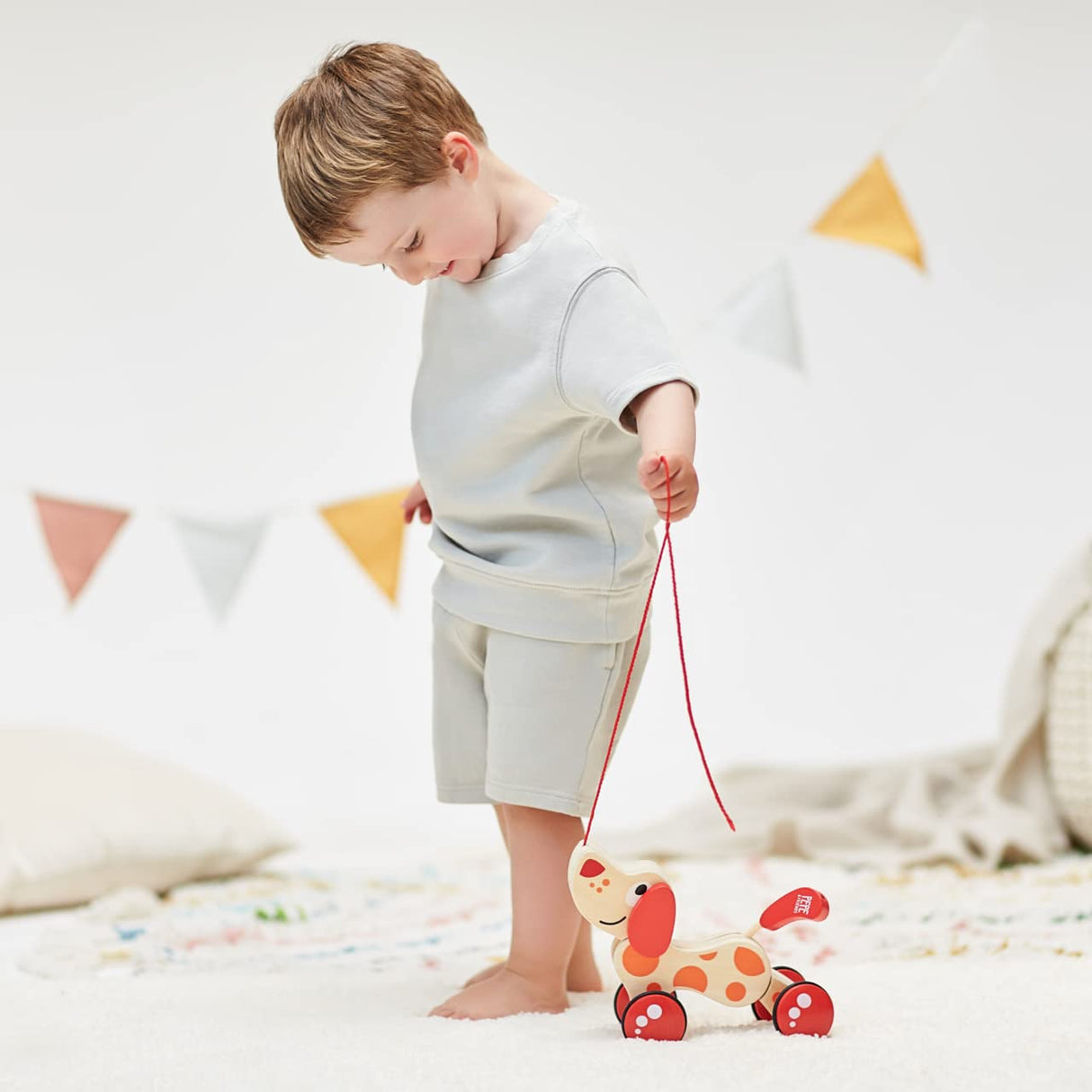 Walk-A-Long Puppy Wooden Pull Toy by Hape | Award Winning Push Pull Toy Puppy For Toddlers Can Sit, Stand and Roll. Rubber Rimmed Wheels for Easy Push and Pull Action, Red , Red/Orange Hape