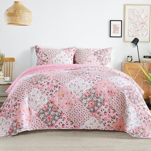 Whale Flotilla Patchwork Quilts Queen Size, Extra Soft Boho Floral Bedspreads for Bed Reversible Lightweight Full Queen Quilt Bedding Set Printed Coverlets with 2 Pillow Shams for All Seasons, Pink Whale Flotilla