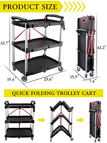 EBANKU Folding Collapsible Service Cart, Heavy Duty 3-Shelf Rolling Tool Cart, Supports Up to 150 lbs for Warehouse Storage, Garage, Cleaning EBANKU