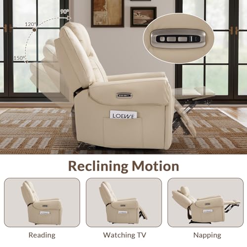 ANJ Top-Grain Genuine Leather Power Recliners for Adults, Dual Motor Electric Recliner Chairs with Power Headrest & 2 Cup Holders, Overstuffed Heavy Duty Reclining Sofa for Living Room Bedroom, Beige
