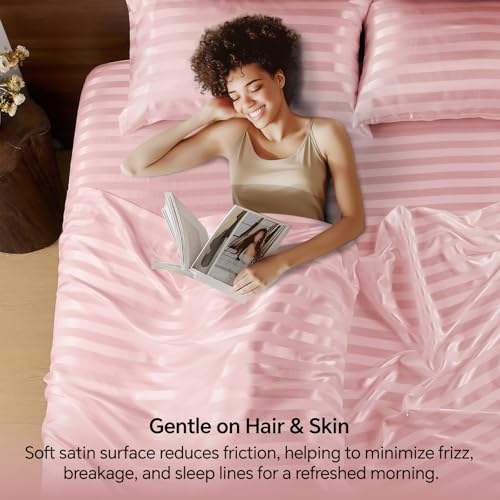 BEDELITE Satin Sheets Queen Size, Luxury Jacquard Striped Pink Bedsheets Set with Elastic Corner Straps, Similar to Silk Sheets Set 4 PC with 1 Deep Pocket Fitted Sheet, 1 Flat Sheet, & 2 Pillowcases BEDELITE