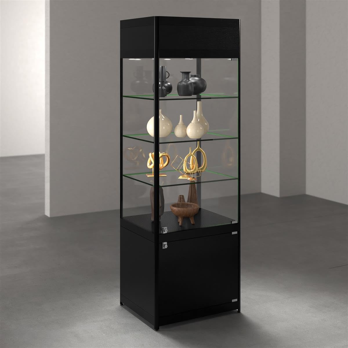 Displays2go 72" Curio Cabinet, 4 Display Levels, LED Top Lighting, Locking Door and Storage Base - Black (SCTWRLD24) Displays2go