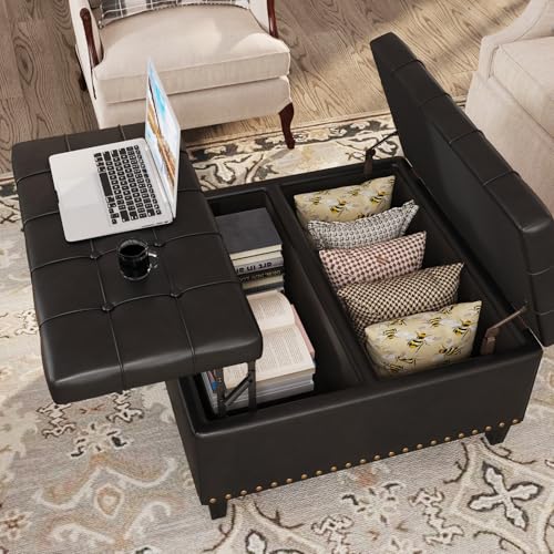 FiveWillowise Square Leather Ottoman with Storage, Faux Leather Coffee Table Ottoman with Lift Top, Large Upholstered Footrest Stool Toy Box Storage for Bedroom Living Room, Black FiveWillowise