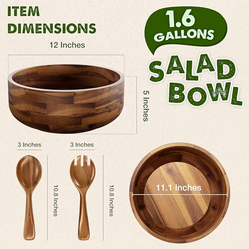 Tidita 12" Salad Bowl Set with 2 Wooden Hands - Large Acacia Wood Serving Bowl with Serving Utensils - Big Mixing Bowl for Fruits, Salad,Pasta for Kitchen Counter (12" Diameter x 4.5" Height) Tidita