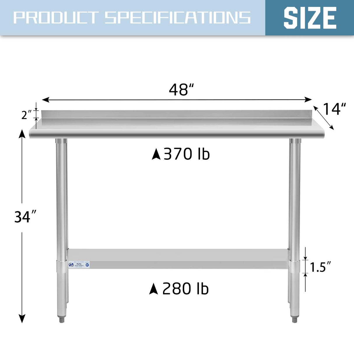 HALLY Stainless Steel Table for Prep & Work 14 x 48 Inches, NSF Commercial Heavy Duty Table with Undershelf and Backsplash for Restaurant, Home and Hotel HALLY SINKS & TABLES H