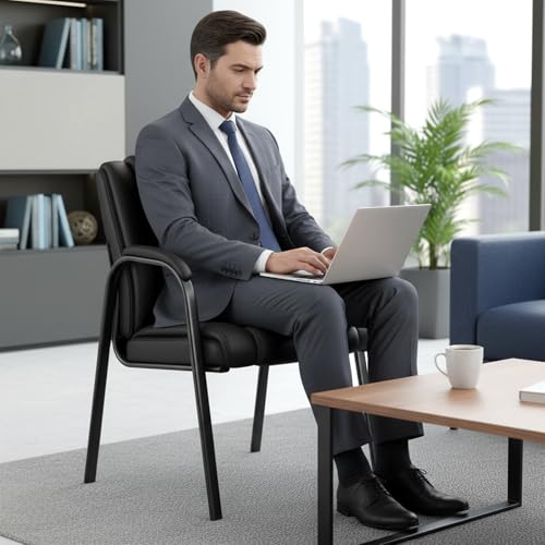 MALOL Office Guest Chair with Armrest, PU Leather Reception Chair for Office & Waiting Room, 250LBS, One-Piece Welded Steel Frame, Sponge Cushion for Long Sitting Comfort – Black,Set of 4