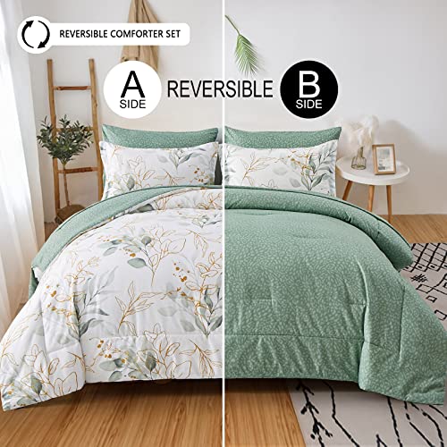 WONGS BEDDING Botanical Comforter Set Full, 7 Pieces Floral Reversible Bed in a Bag Green Leaves Bedding Set Soft Microfiber Full (1 Comforter,2 Pillowcase,2 Pillow Shams,1 Flat Sheet,1 Fitted Sheet) WONGS BEDDING