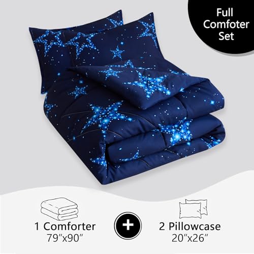 Caressma Star Comforter Teen Boy Girl Blue Galaxy Full Size Bedding Microfiber Set 3 Pieces with Pillowcases for All Seasons Caressma