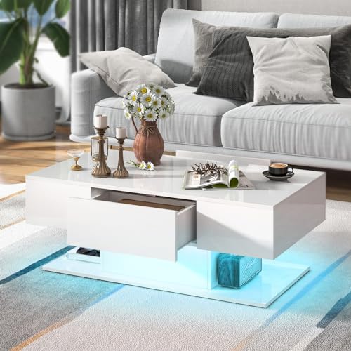 Tangkula LED Coffee Table with 2 Drawers, High Glossy Modern Center Table, 20-Color Dimmable LED Lights & Remote Control, 2-Tier Rectangle Coffee Table for Living Room (with Drawer, White) Tangkula