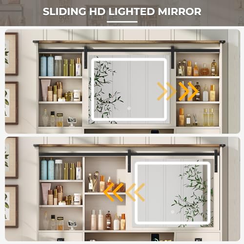 Farmhouse Makeup Vanity Desk with Sliding Mirror and Lights, 47.2" Big Vanity Table with Charging Station, Makeup Desk with 5 Drawers & 2 Cabinets, White MSmask