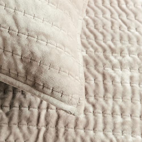 WDCOZY Velvet Twin Size Quilt Set - Beige Striped Pick Stitch Soft Lightweight Bedspread, Neutral Channel Farmhouse Country Rustic Coverlet, Modern Bedding Warm Thin Comforter, 3 Pieces WDCOZY