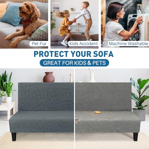 MAXIJIN Waterproof Futon Cover Full Size Washable Armless Sofa Bed Couch Cover Stretch Jacquard Futon Slipcovers Furniture Protector with Non-Slip Elastic Bottom (67"-82", Dark Gray) MAXIJIN