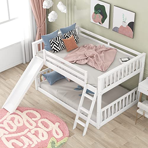 Harper & Bright Designs Floor Low Bunk Bed Full Over Full with Slide and Ladder, Solid Wood Bunk Beds Frame for Saving Space, White Harper & Bright Designs