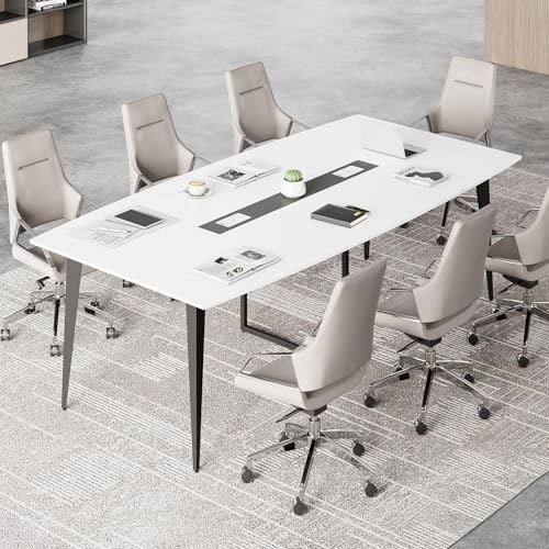 LITTLE TREE 8FT Conference Room Table, 94.48L x 47.21W x 29.52H Boat Shaped Meeting Table, White&Black LITTLE TREE